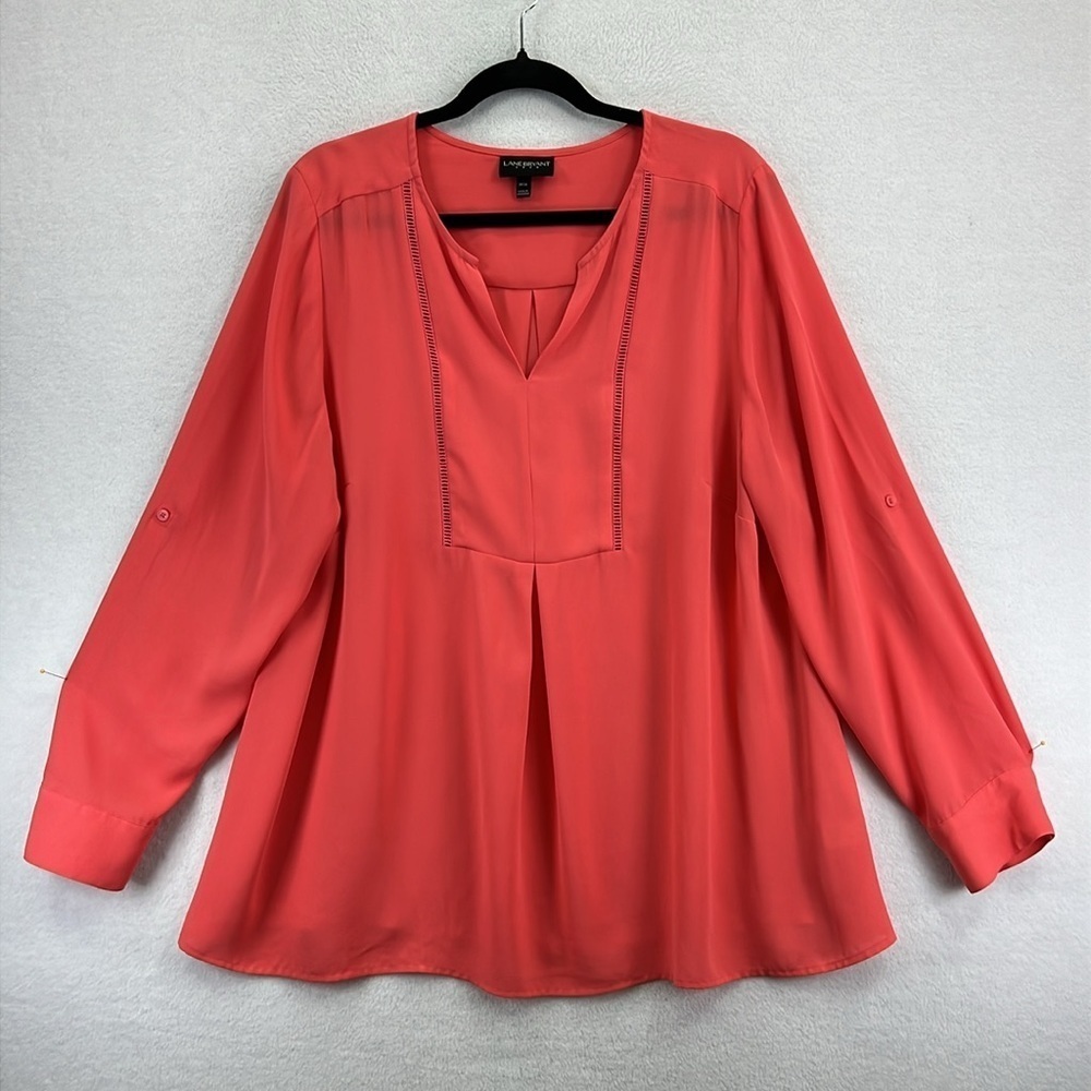 Lane Bryant Women’s Top / Blouse Sz 14/16 Peach Polyester Long Roll-Tab Sleeves